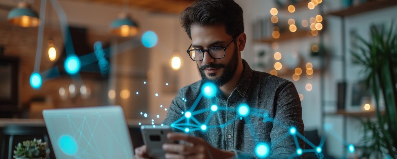 Man using phone and laptop.