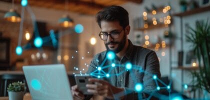 Man using phone and laptop.