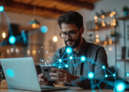 Man using phone and laptop.
